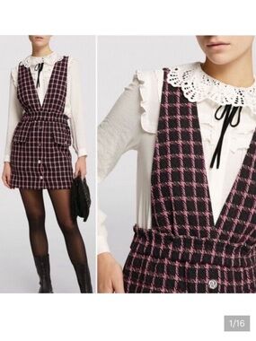 NWT Maje Riteite Pink and Black Houndstooth Button-Front Pinafore dress size XS